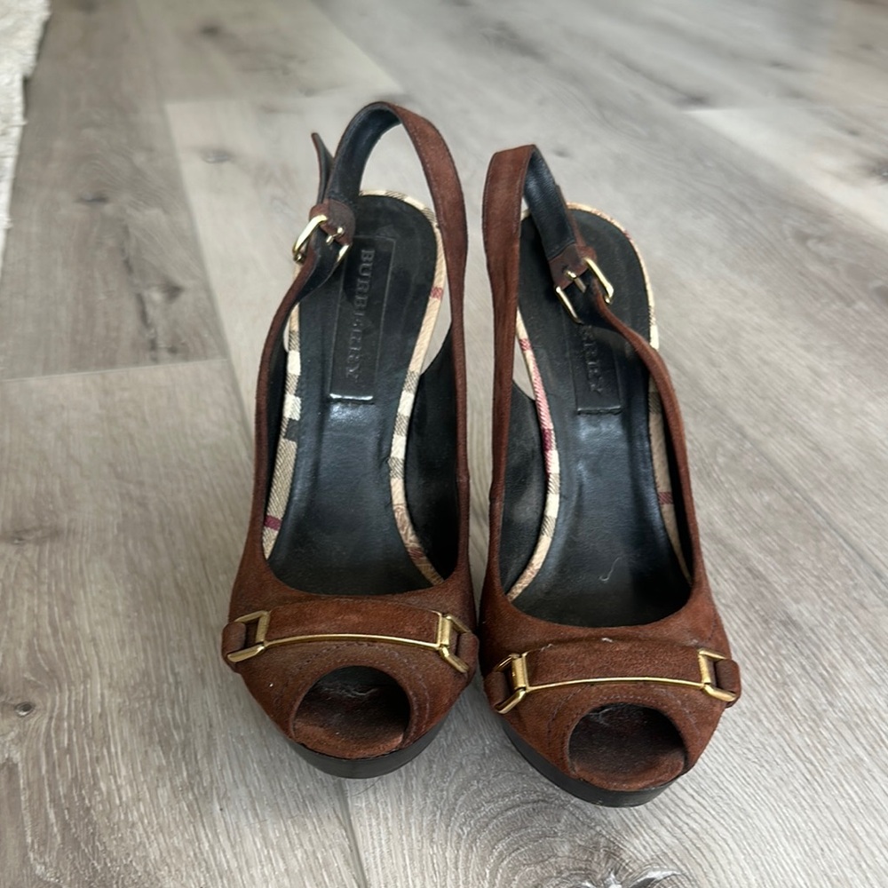 Burberry Dark Purple Suede Peep‑Toe Slingback Heels – EU 37 / US 6.5–7